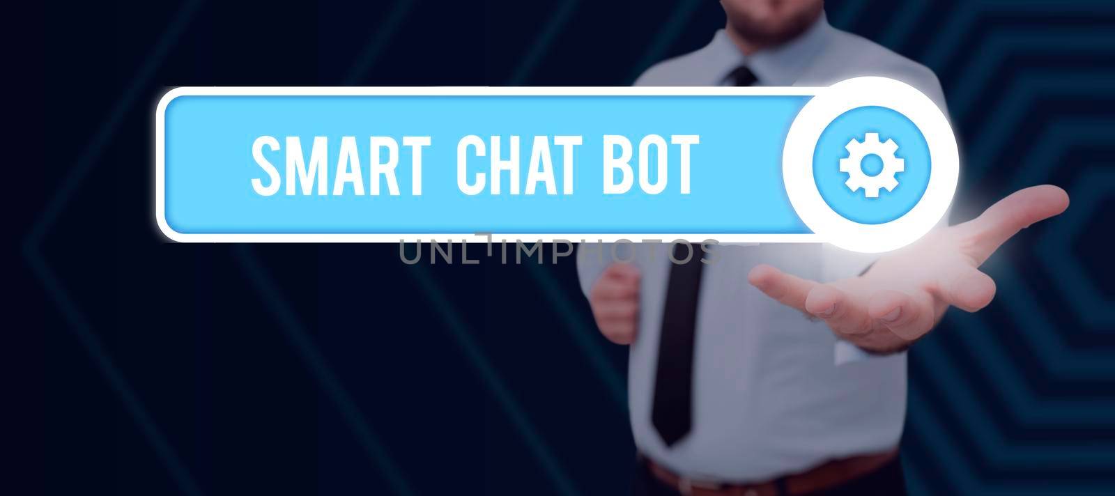 Conceptual display Smart Chat Bot, Concept meaning Artificial intelligence chatting with machines robots Man With Laptop And Tablet Pointing On S Searching For Data And Ideas.