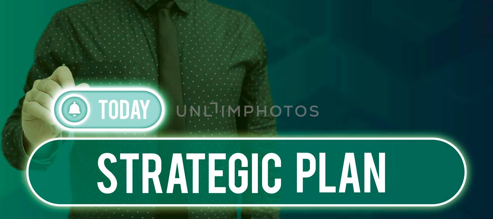 Conceptual caption Strategic PlanA process of defining strategy and making decisions, Business showcase A process of defining strategy and making decisions Man Wearing Vr Glasses Andpresenting Important Messages Between Hands.