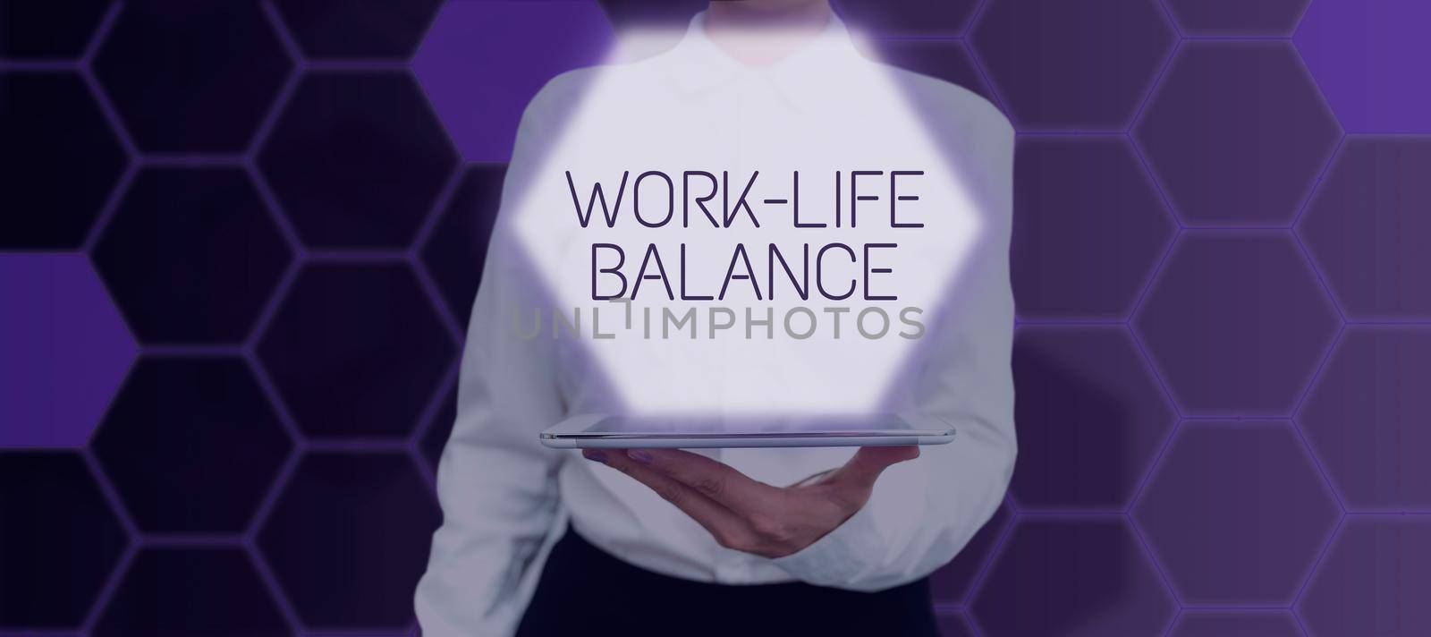 Handwriting text Work Life Balance. Word for Division of time between working or family and leisure Woman Holding Pen And Glass Banner While Promoting The Company. by nialowwa