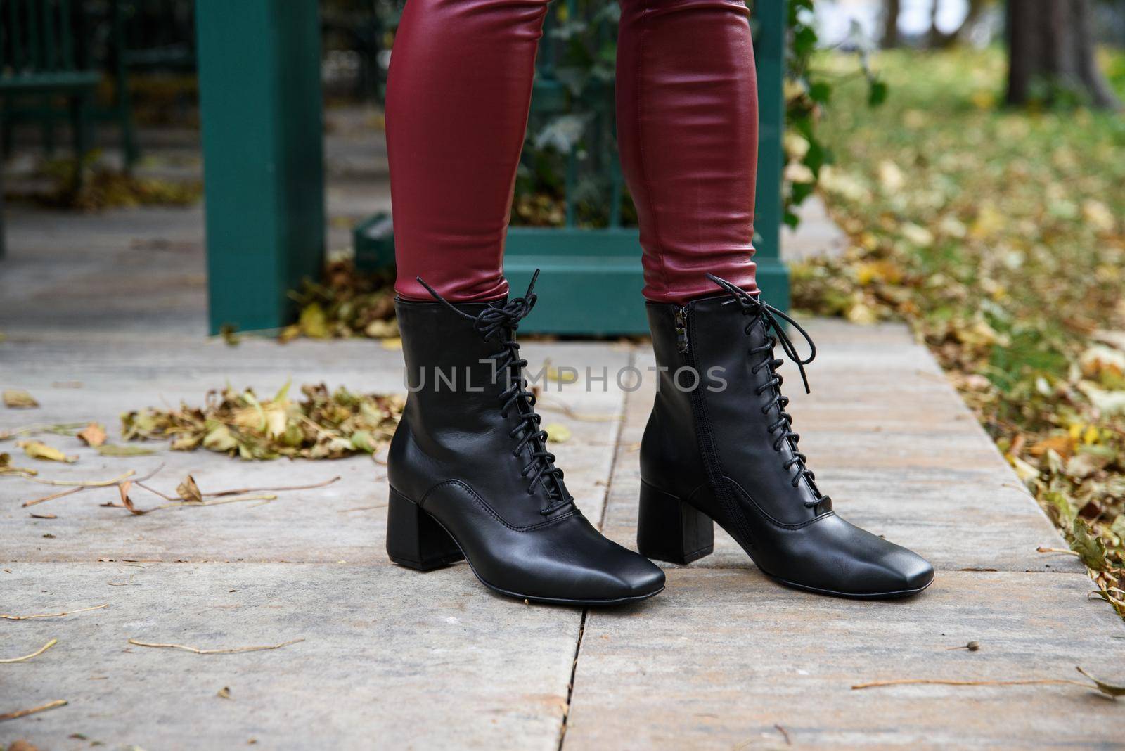 Amaze low lace up square toe block heel ankle black leather boots. top view. red leggings by Ashtray25