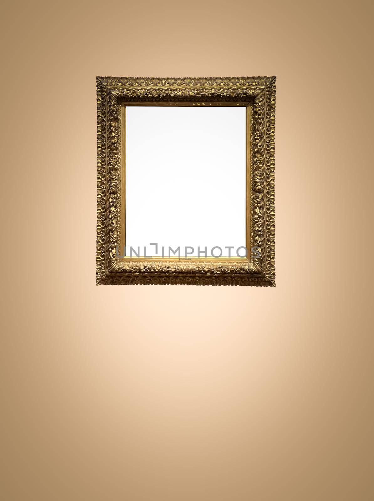 Antique art fair gallery frame on beige wall at auction house or museum exhibition, blank template with empty white copyspace for mockup design, artwork concept