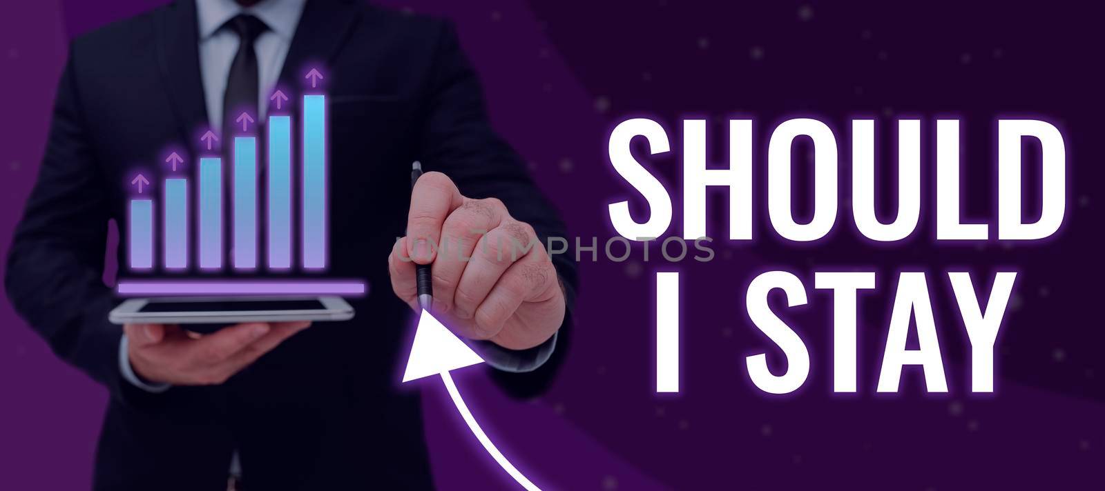 Conceptual caption Should I Stay, Concept meaning Looking for reasons to remain on a place Doubtful Indecision Businessman Holding Futuristic Design Over Hands And Showing New Data.