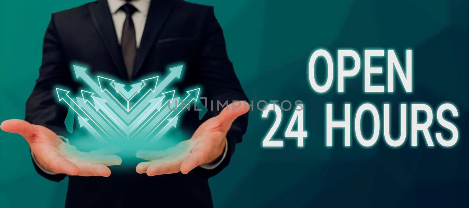 Text caption presenting Open 24 Hours, Concept meaning Working all day everyday business store always operating Businessman In Suit Pointing With One Finger On Important Message.