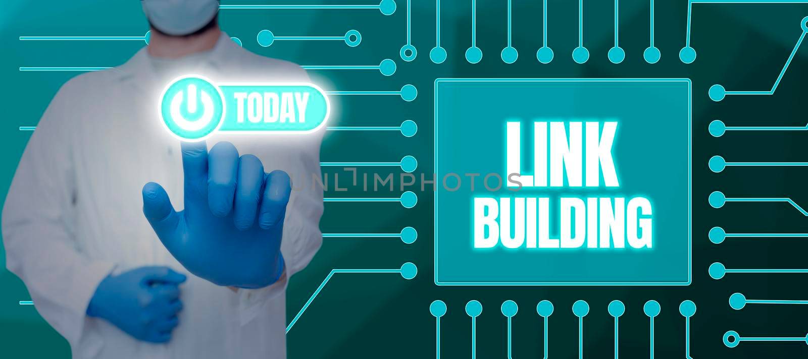 Conceptual caption Link Building, Business showcase Process of acquiring hyperlinks from other websites Connection Doctor With Gloves Pressing On Power Button Receiving Information.