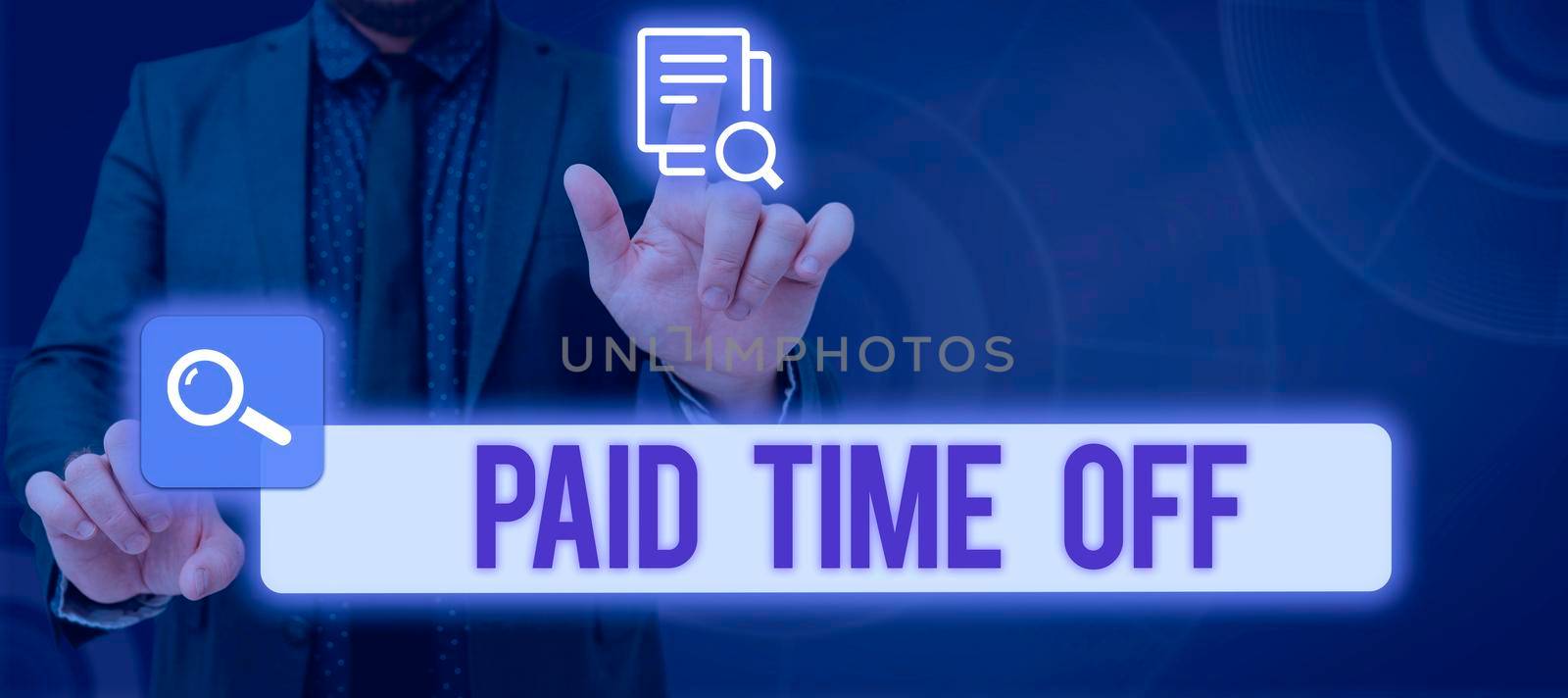 Handwriting text Paid Time Off. Conceptual photo Receiving payments for not moments where you are not working Businessman Pointing Important Informations With Pen In Hand. by nialowwa