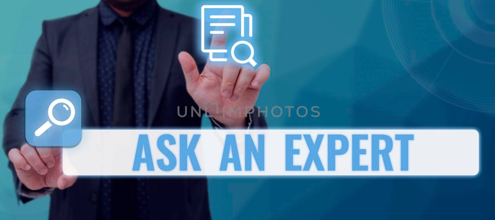 Inspiration showing sign Ask An Expert, Business approach Asking for advice to someone with great knowledge in a subject Businessman With Pen Pointing On Arrows And Presenting Crucial Information.