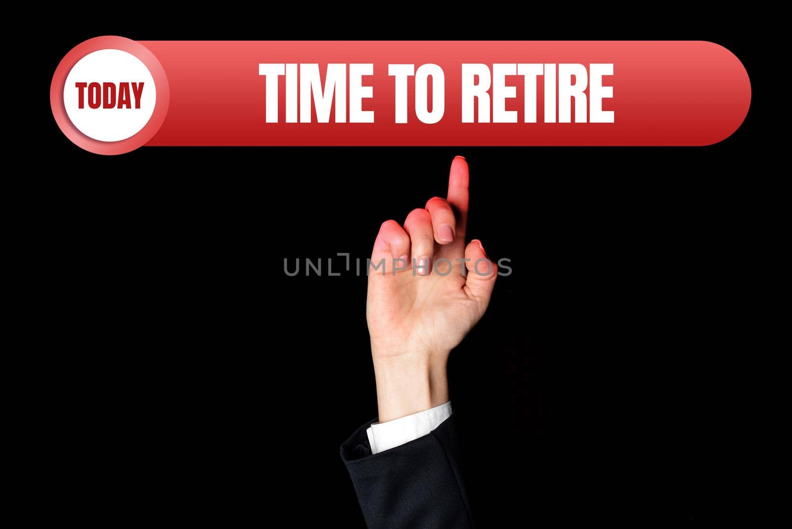 Text caption presenting Time To Retire. Business concept Take the pensioner status stop working in elderly old enough Woman Holding Tablet And Pointing With One Finger On Important Idea. by nialowwa