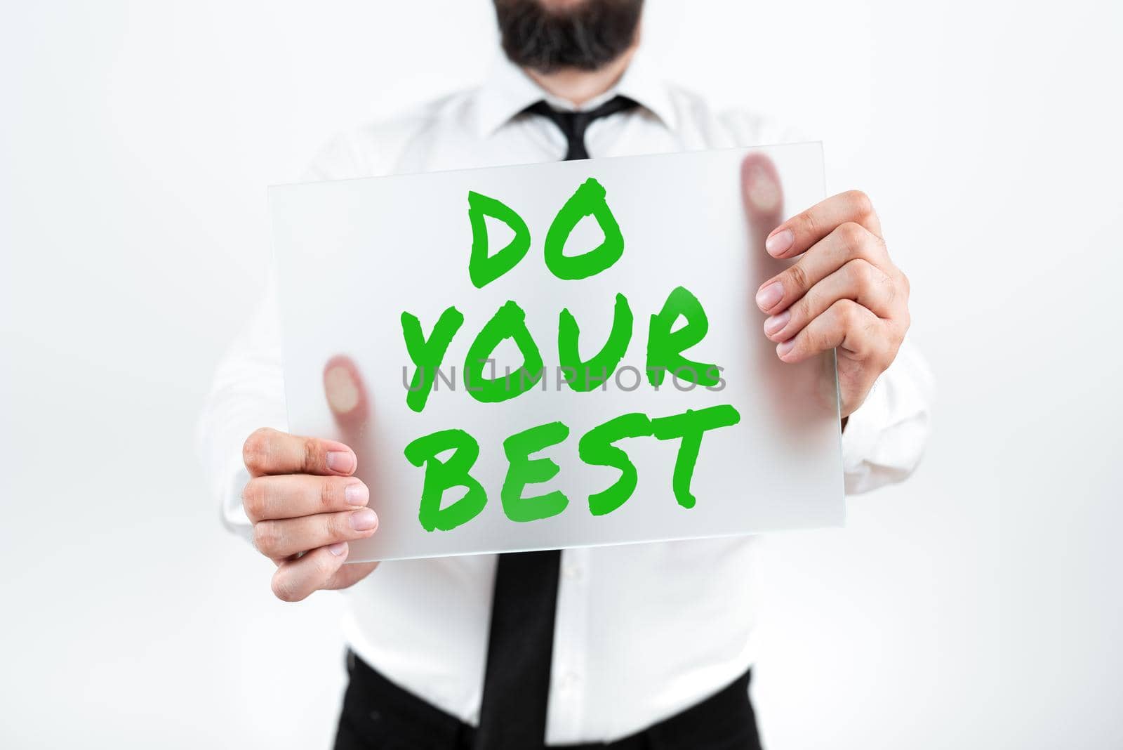 Sign displaying Do Your Best, Business idea Encouragement for a high effort to accomplish your goals Man With Pen Pointing On Digital Target Presenting Strategies.