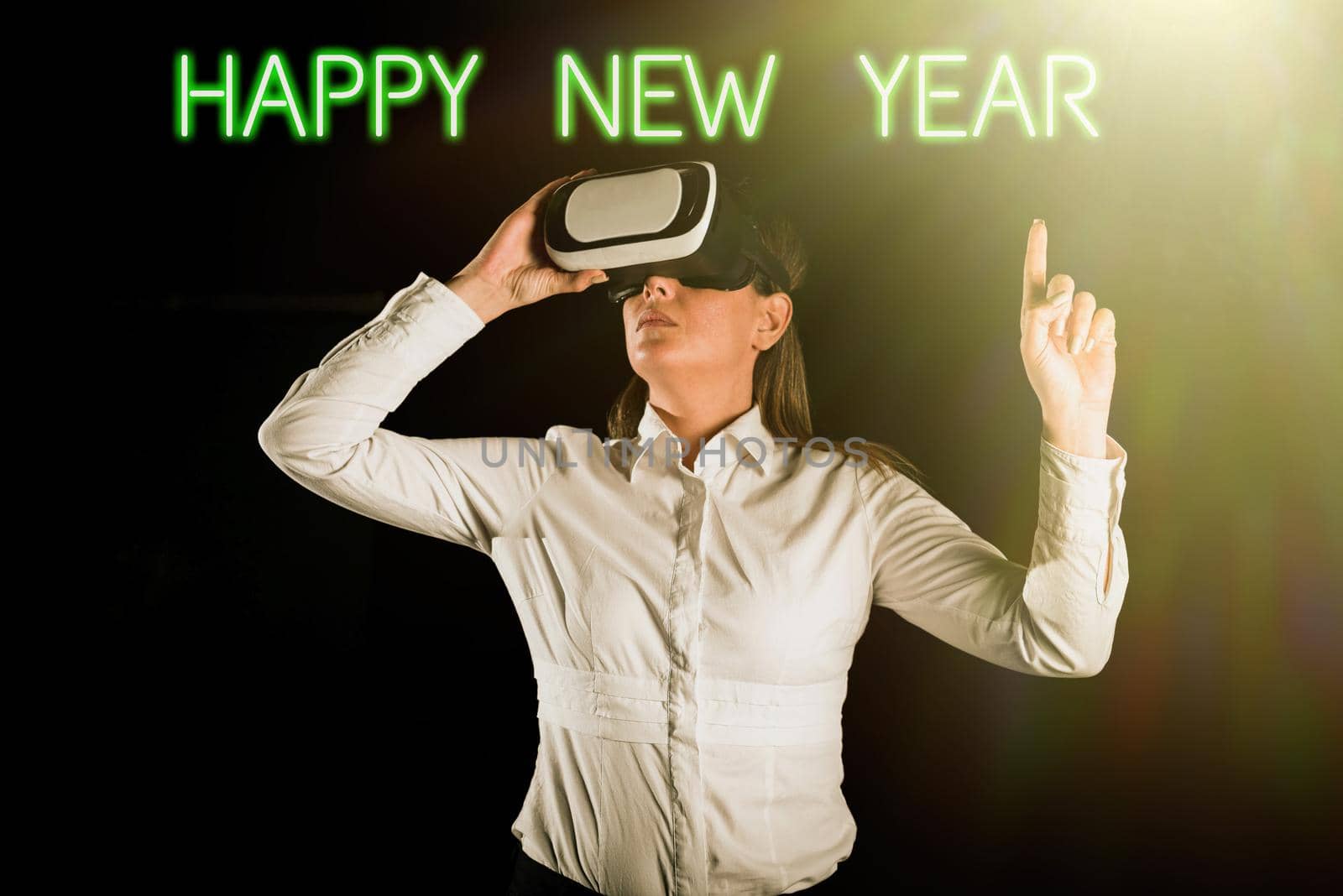 Text showing inspiration Happy New Year, Business approach Greeting Celebrating Holiday Fresh Start Best wishes Woman Holding Tablet Presenting Digital Navigation Pin And Loading S.