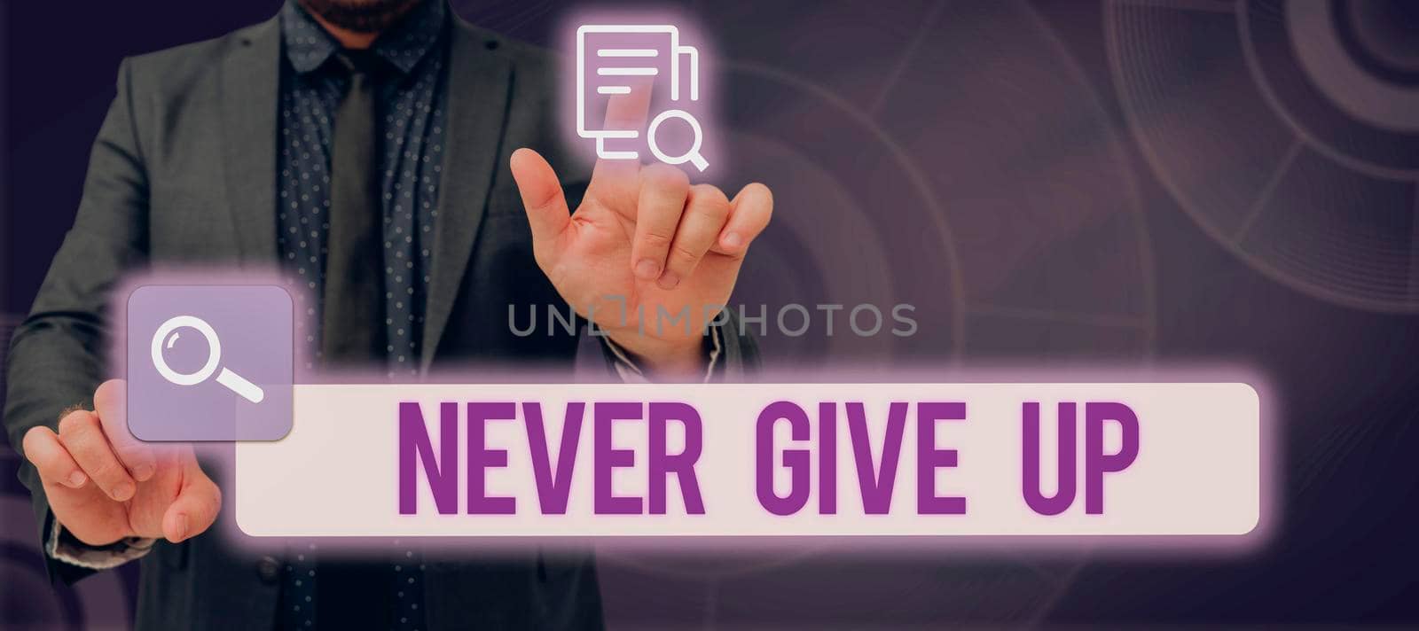 Conceptual caption Never Give Up. Business concept Keep trying until you succeed follow your dreams goals Businessman Having Arrow Symbols In Hands And Presenting Important Ideas. by nialowwa