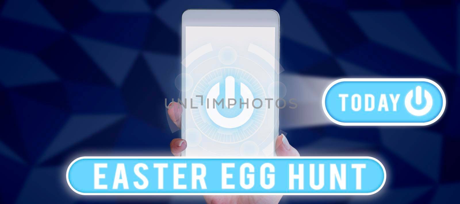 Handwriting text Easter Egg Hunt, Business showcase Searching special season treats presents spring tradition Businessman Holding A Pad With Important Data In Futuristic Lines Design.