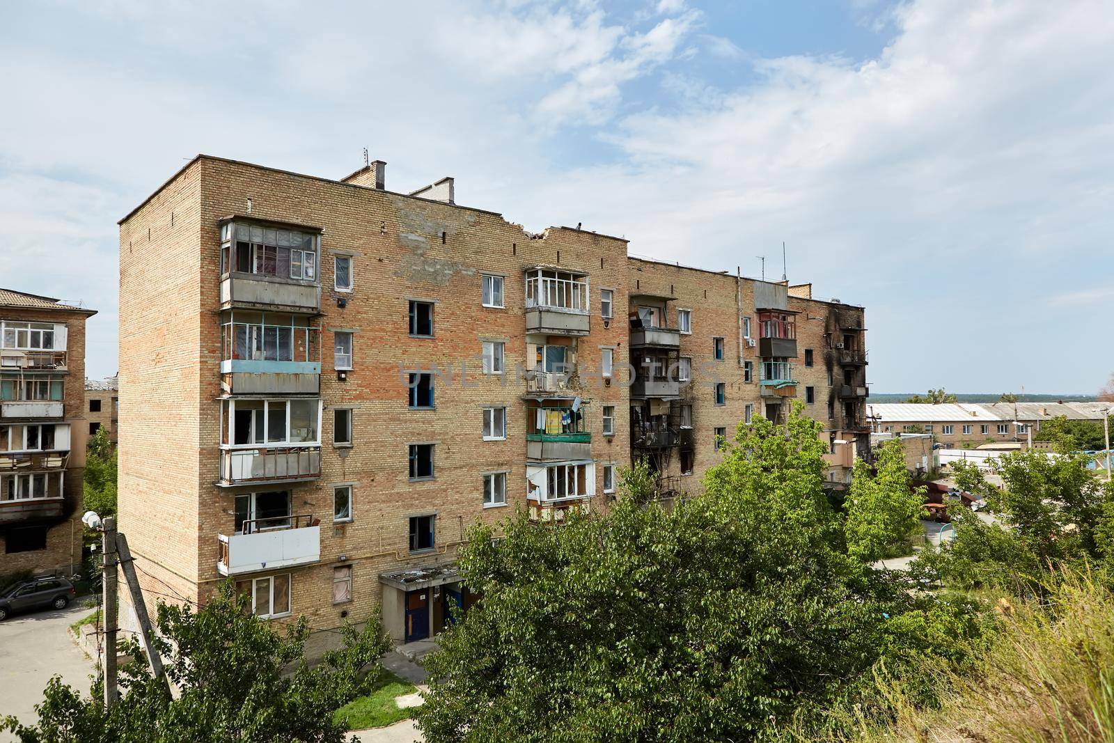 Horenka, Ukraine - August 25, 2022: the consequences of russian invasion in Kyiv region near Gostomel. Civil buildings were bombed and heavily damaged.