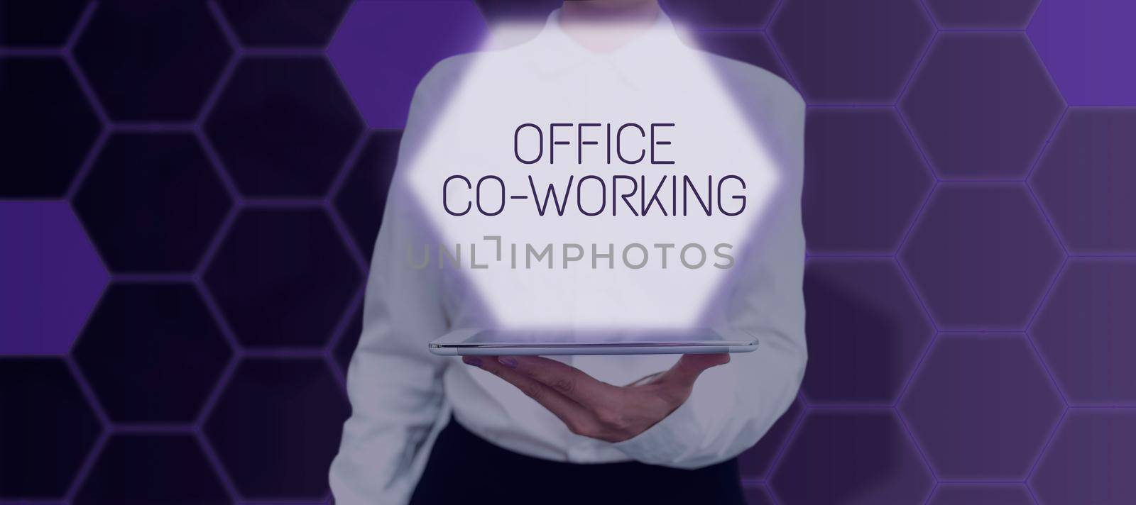 Text caption presenting Office Co Working. Business concept Business services providing shared spaces to work Businessman Holding Speech Bubble With Important Informations. by nialowwa