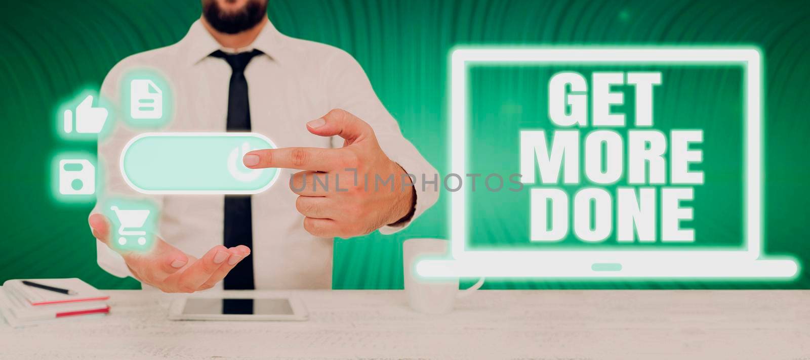 Conceptual caption Get More Done, Business showcase Checklist Organized Time Management Start Hard work Act Woman Wearing Vr Glasses And Pointing On Important Message With One Finger.