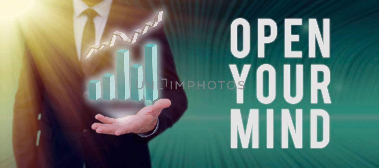 Handwriting text Open Your Mind, Business overview Be openminded Accept new different things ideas situations Businessman In Suit Pointing With One Finger On Important Message.