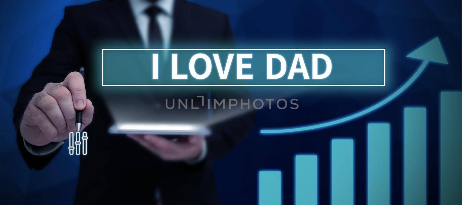 Conceptual caption I Love Dad. Business idea Good feelings about my father Affection loving happiness Man pointing finger holding trophy cheering reaching project success. by nialowwa