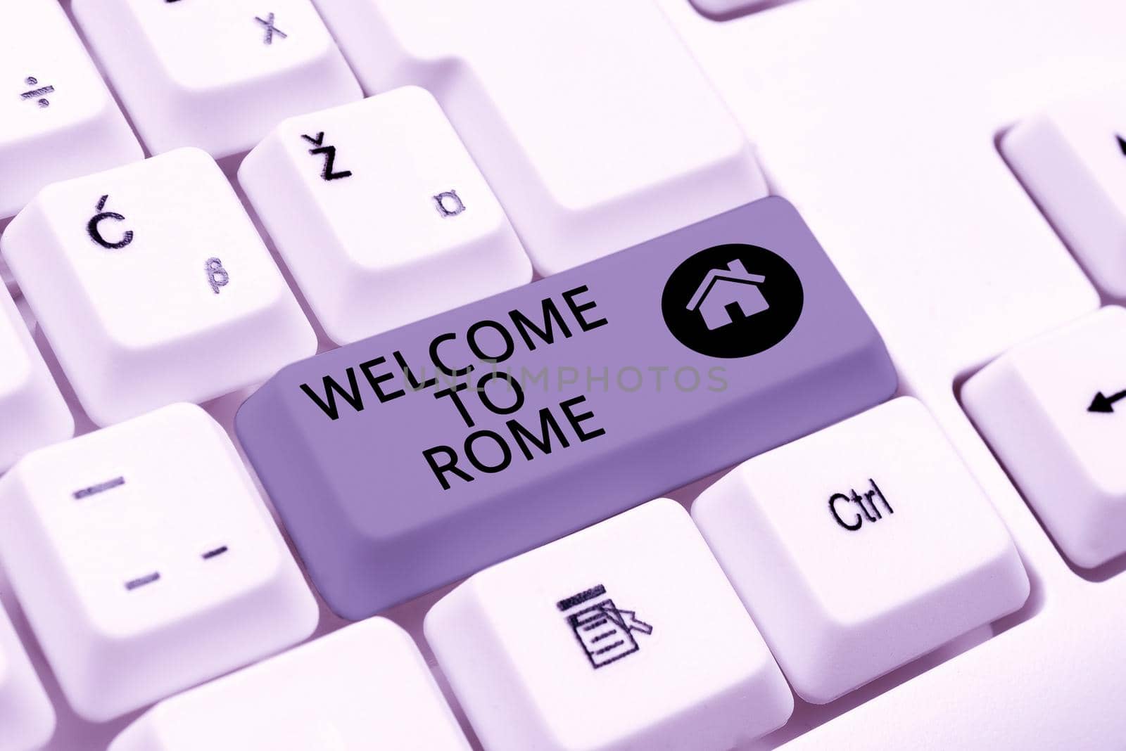 Handwriting text Welcome To Rome, Business overview Arriving to Italia capital city knowing other cultures Businessman in suit holding open palm symbolizing successful teamwork.