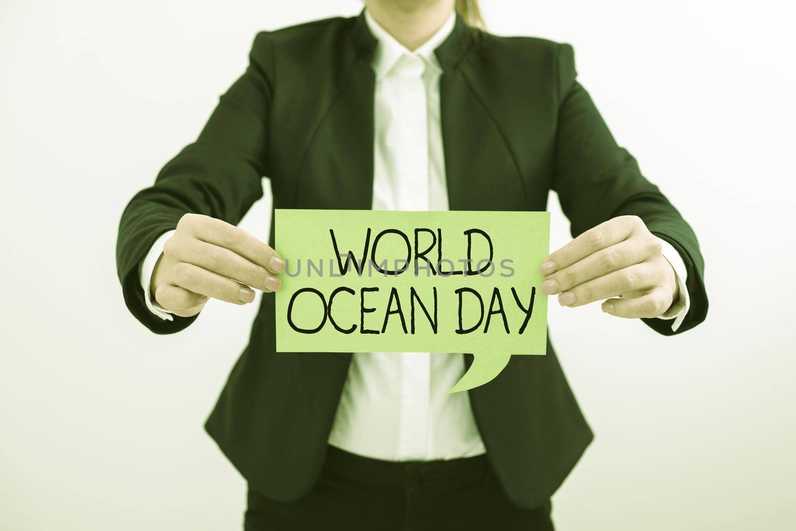 Handwriting text World Ocean Day. Word Written on Worldwide celebration for big bodies of salt water Businessman Holding Mobile Phone And Speech Bubble Popping Out With Ideas. by nialowwa