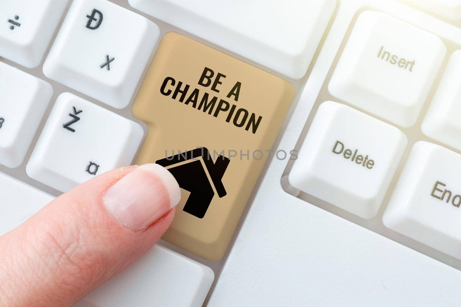 Writing displaying text Be A Champion. Business concept Triumph in a competition sport the winner of a contest Businesswoman Holding Pen And Note With Important Message With One Hand. by nialowwa