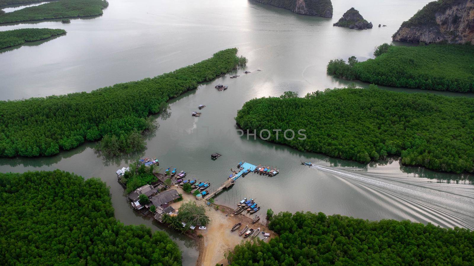 Aerial view of Thai traditional longtail fishing boats at the pier in Phang Nga Bay in the Andaman Sea, Thailand. Top view of many fishing boats floating in the sea among mangrove forest.