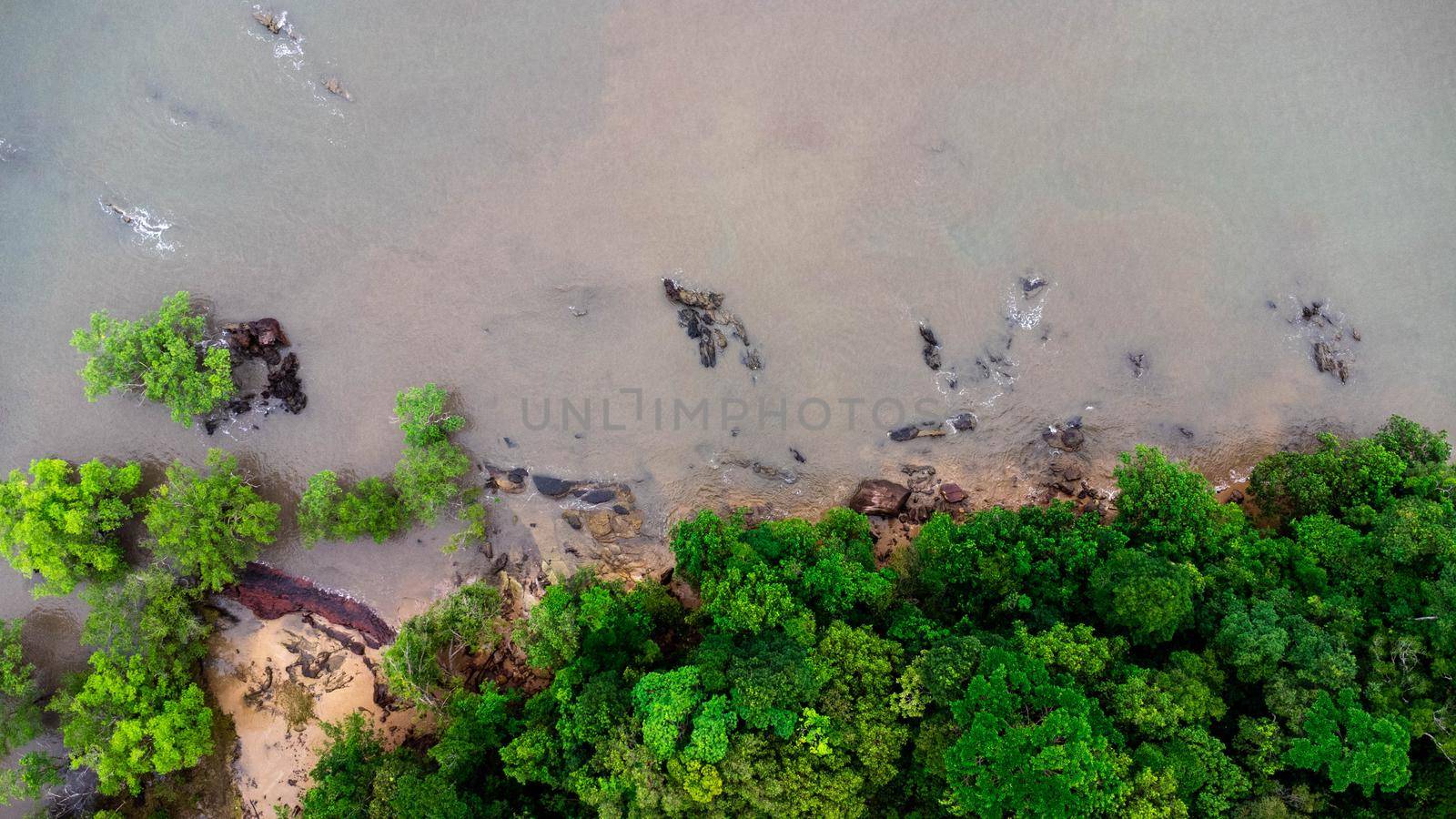 Aerial view of Ao Thalane, Tourist destination for kayaking to see the beauty of limestone mountains and fertile mangrove forests, Krabi, Thailand.