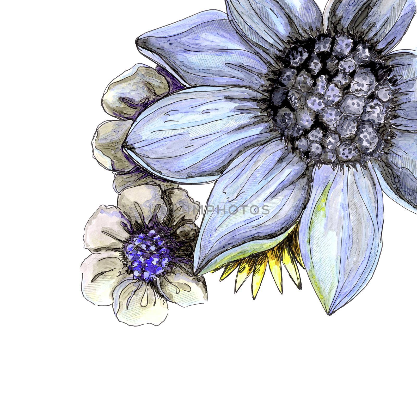 Beautiful floral hand drawn watercolor bouquet, bunch of flowers arrangement, with violet daisy and grayflowers, isolated on white background. Can be used for invitations or wedding design.