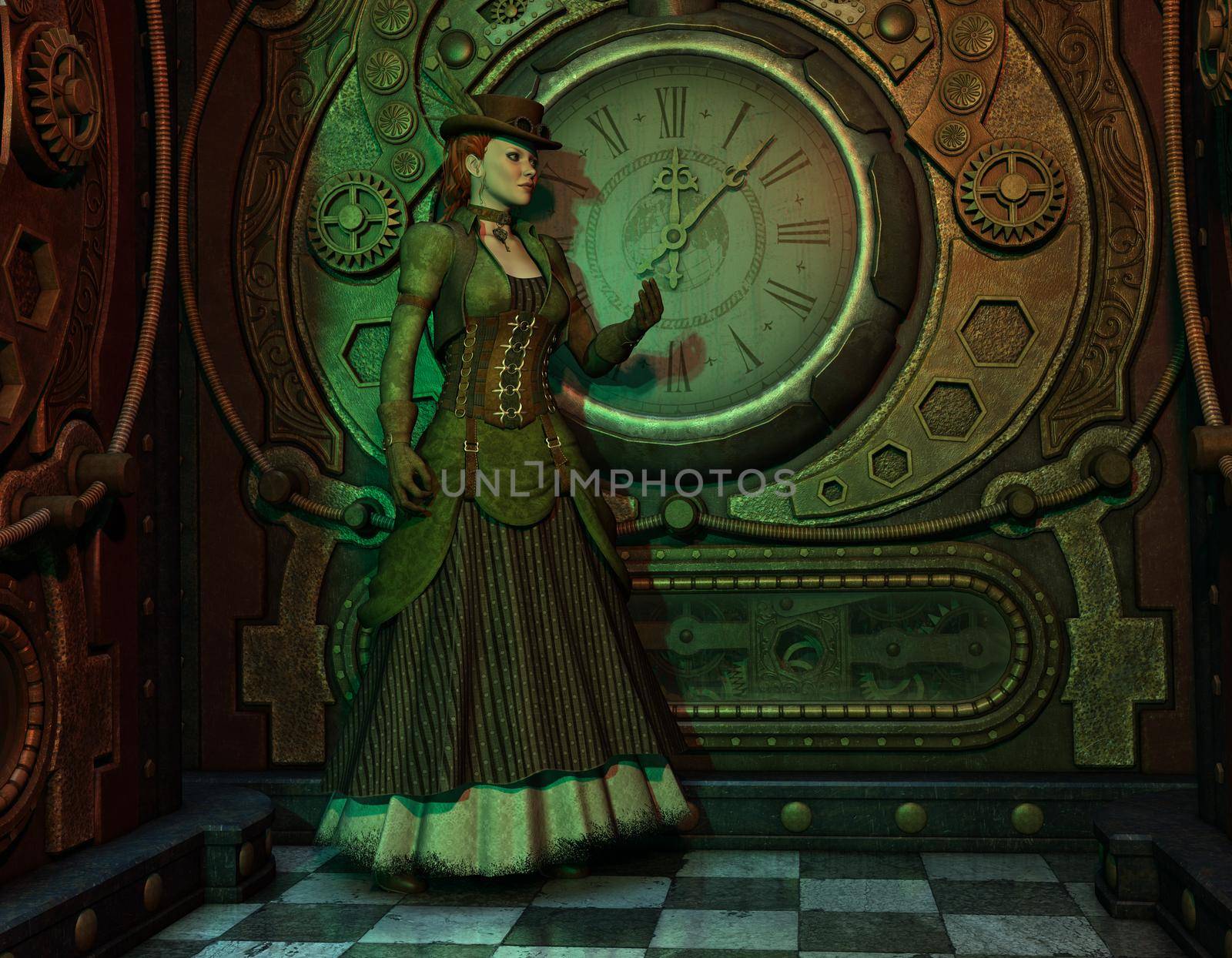 A woman dressed in gothic Steampunk style with a clock background.