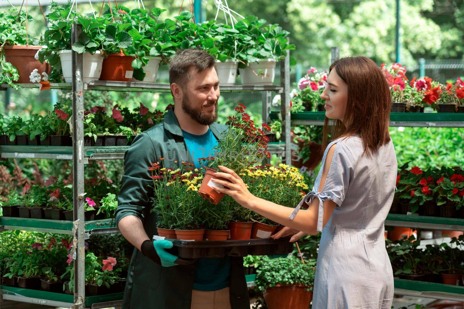 Worker helping female customer to buy flowers in garden center by Mariakray