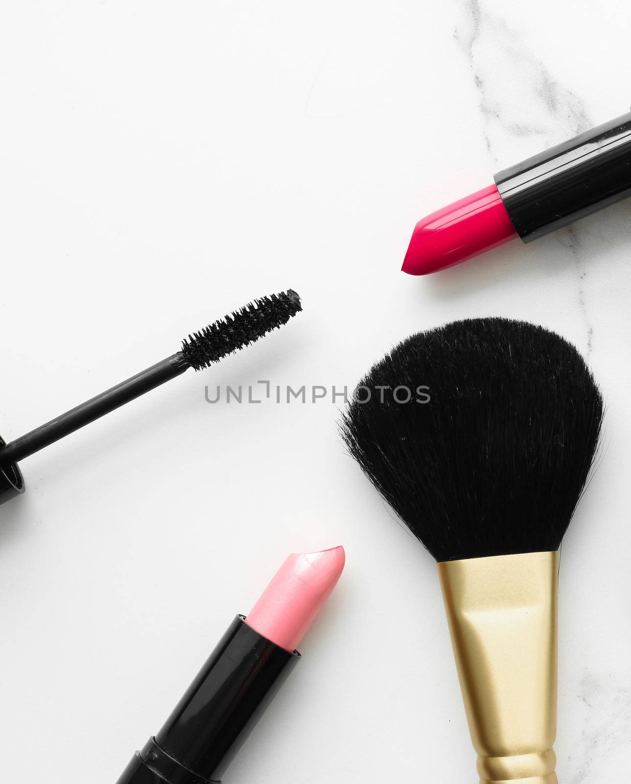 Make-up and cosmetics on marble, flatlay - modern feminine lifestyle, vlog background and styled stock concept. Beauty inspiration in a fashion blog