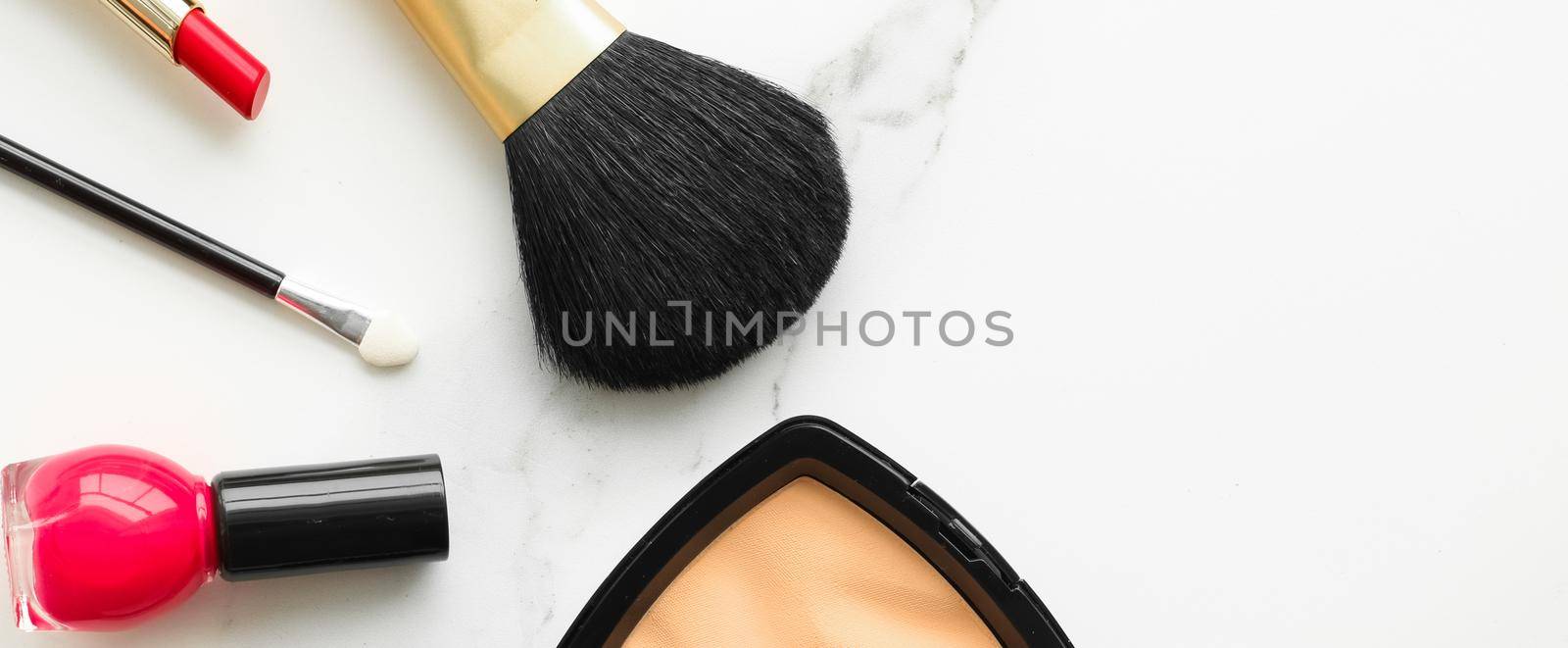 Make-up and cosmetics on marble, flatlay - modern feminine lifestyle, vlog background and styled stock concept. Beauty inspiration in a fashion blog