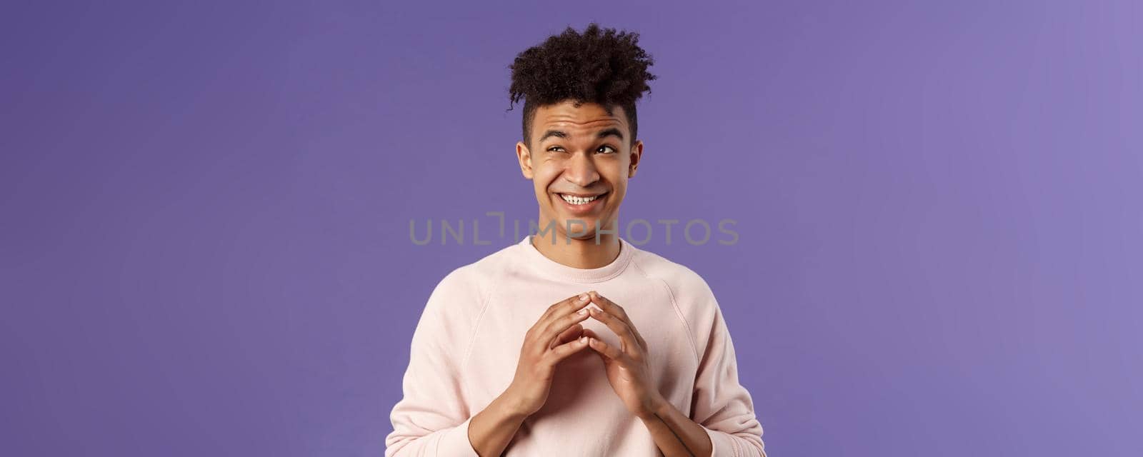 Close-up portrait of creative young hispanic guy steeple fingers while making-up great plan or joke, look away daydreaming, scheming something, have idea, stand purple background by Benzoix