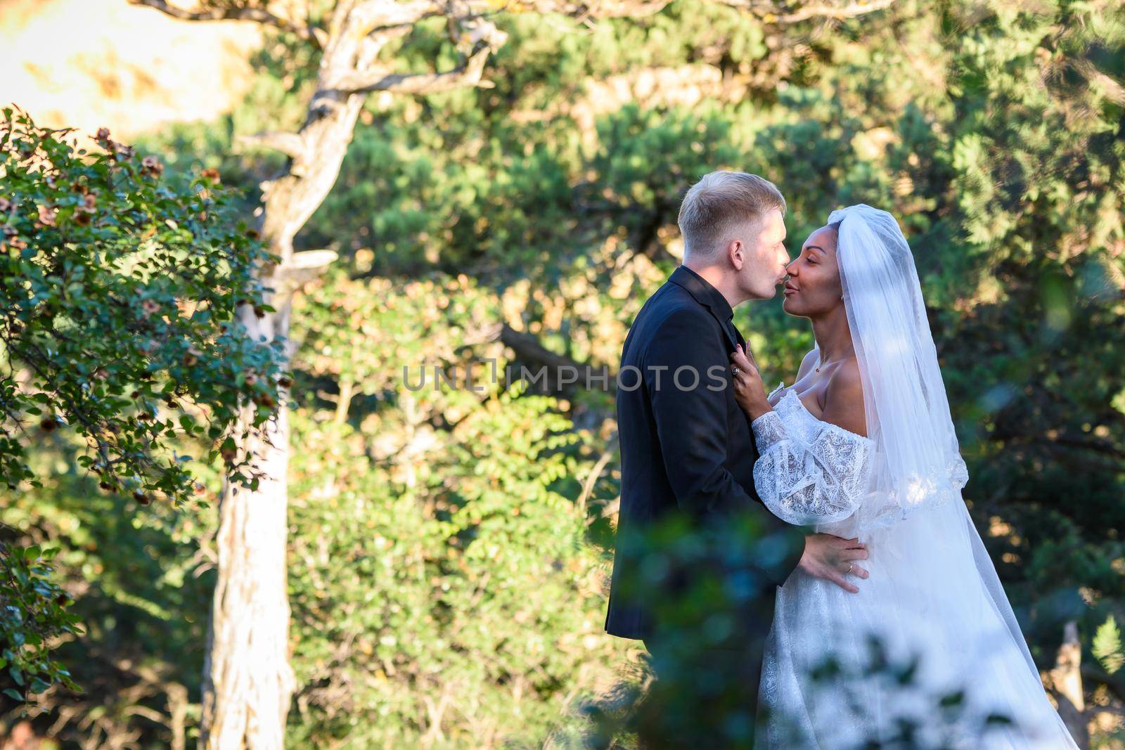 Interracial newlyweds kissing against the backdrop of a sunny forest