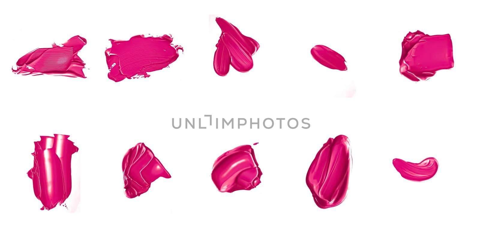 Pink beauty swatches, skincare and makeup cosmetic product sample texture isolated on white background, make-up smudge, cream cosmetics smear or paint brush stroke closeup