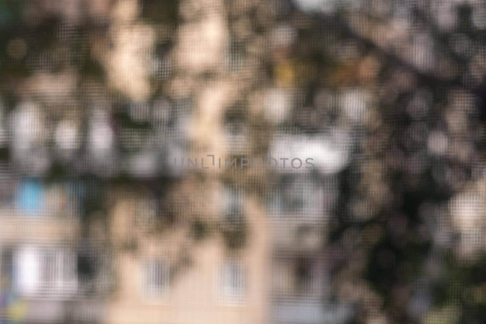 Blurred background through a mosquito net on a window made of walls, windows and leaves. City background. Backdrop