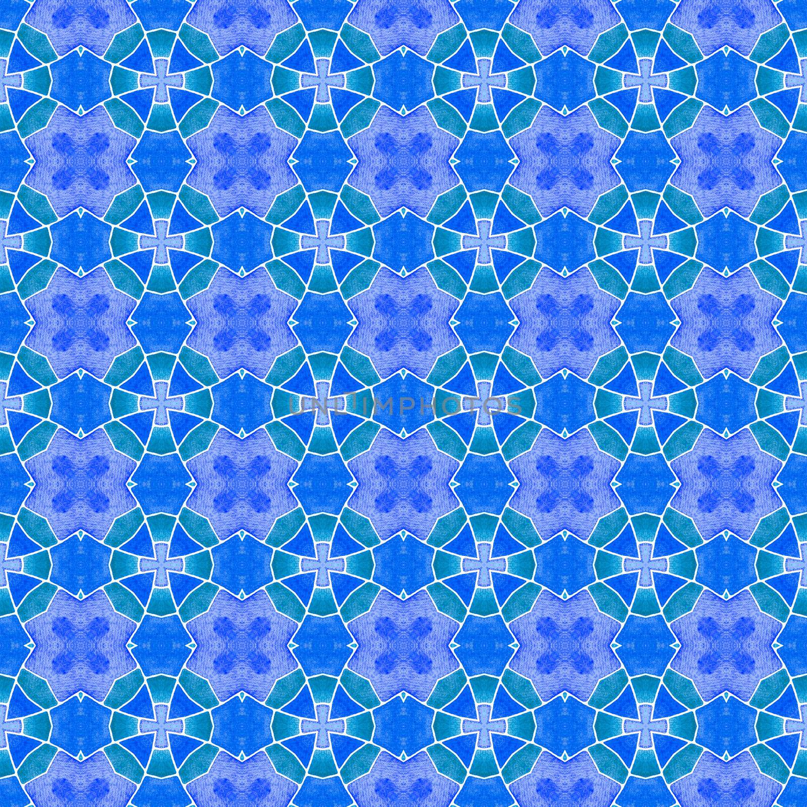 Ikat repeating swimwear design. Blue impressive boho chic summer design. Watercolor ikat repeating tile border. Textile ready wondrous print, swimwear fabric, wallpaper, wrapping.