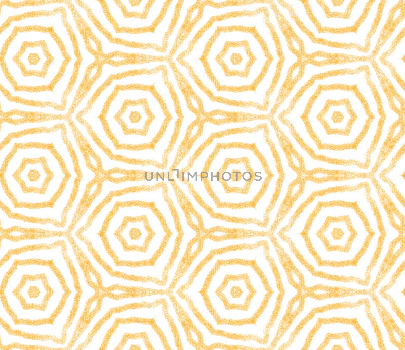 Medallion seamless pattern. Yellow symmetrical kaleidoscope background. Watercolor medallion seamless tile. Textile ready amusing print, swimwear fabric, wallpaper, wrapping.