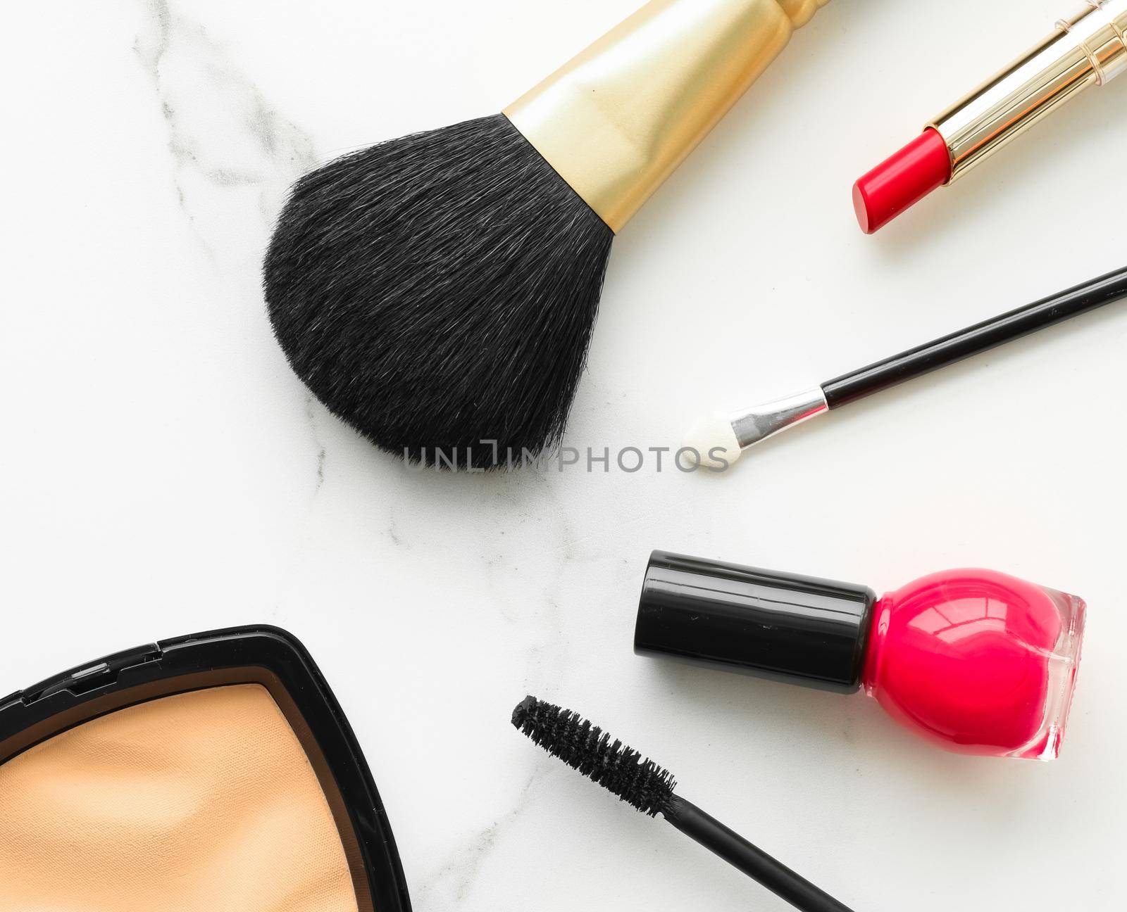 Make-up and cosmetics on marble, flatlay - modern feminine lifestyle, vlog background and styled stock concept. Beauty inspiration in a fashion blog