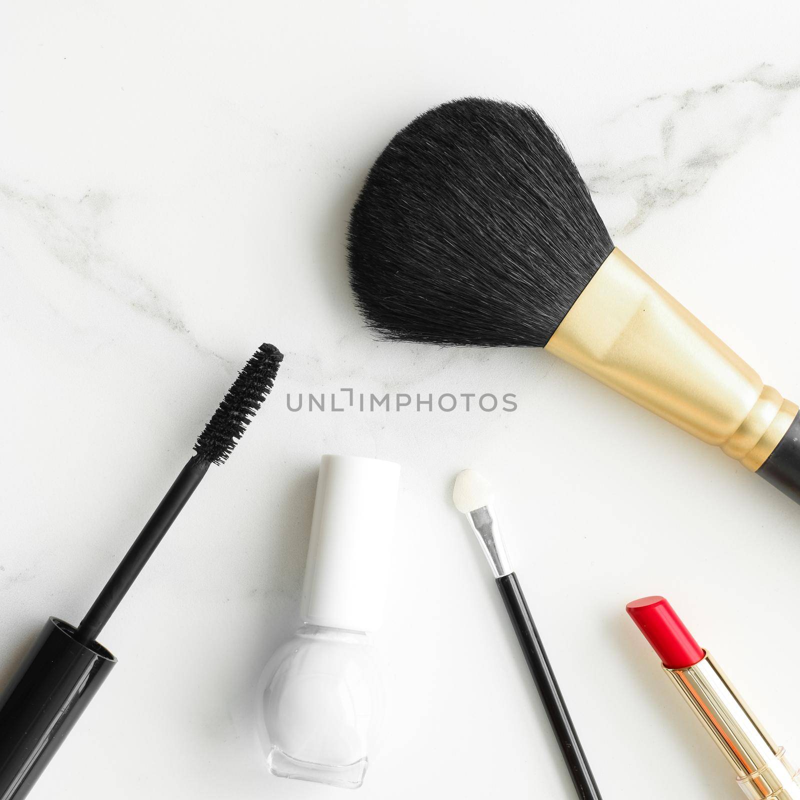 Make-up and cosmetics on marble, flatlay - modern feminine lifestyle, vlog background and styled stock concept. Beauty inspiration in a fashion blog