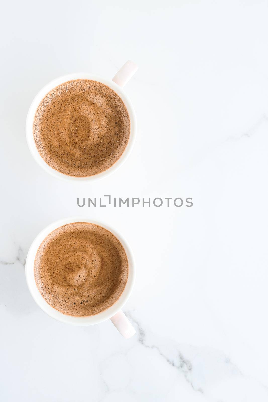 Hot aromatic coffee on marble, flatlay by Anneleven