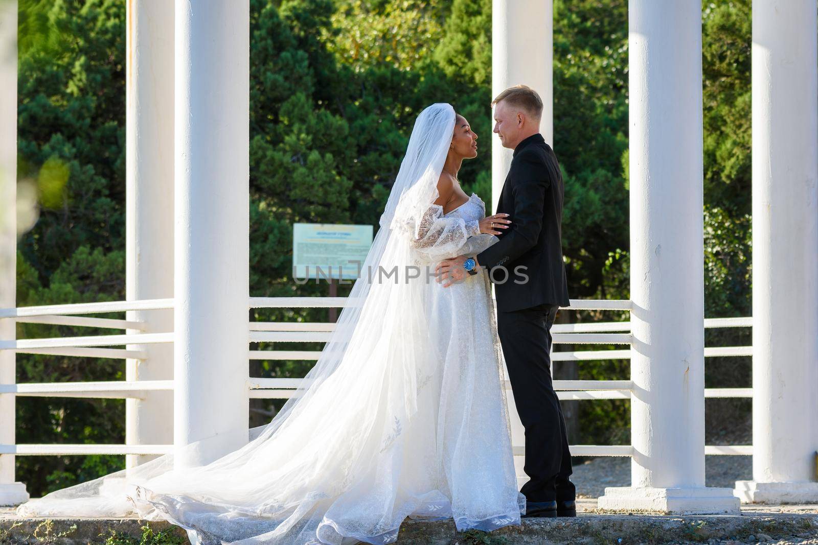 Mixed-racial newlyweds on a walk hugging against the backdrop of a beautiful gazebo