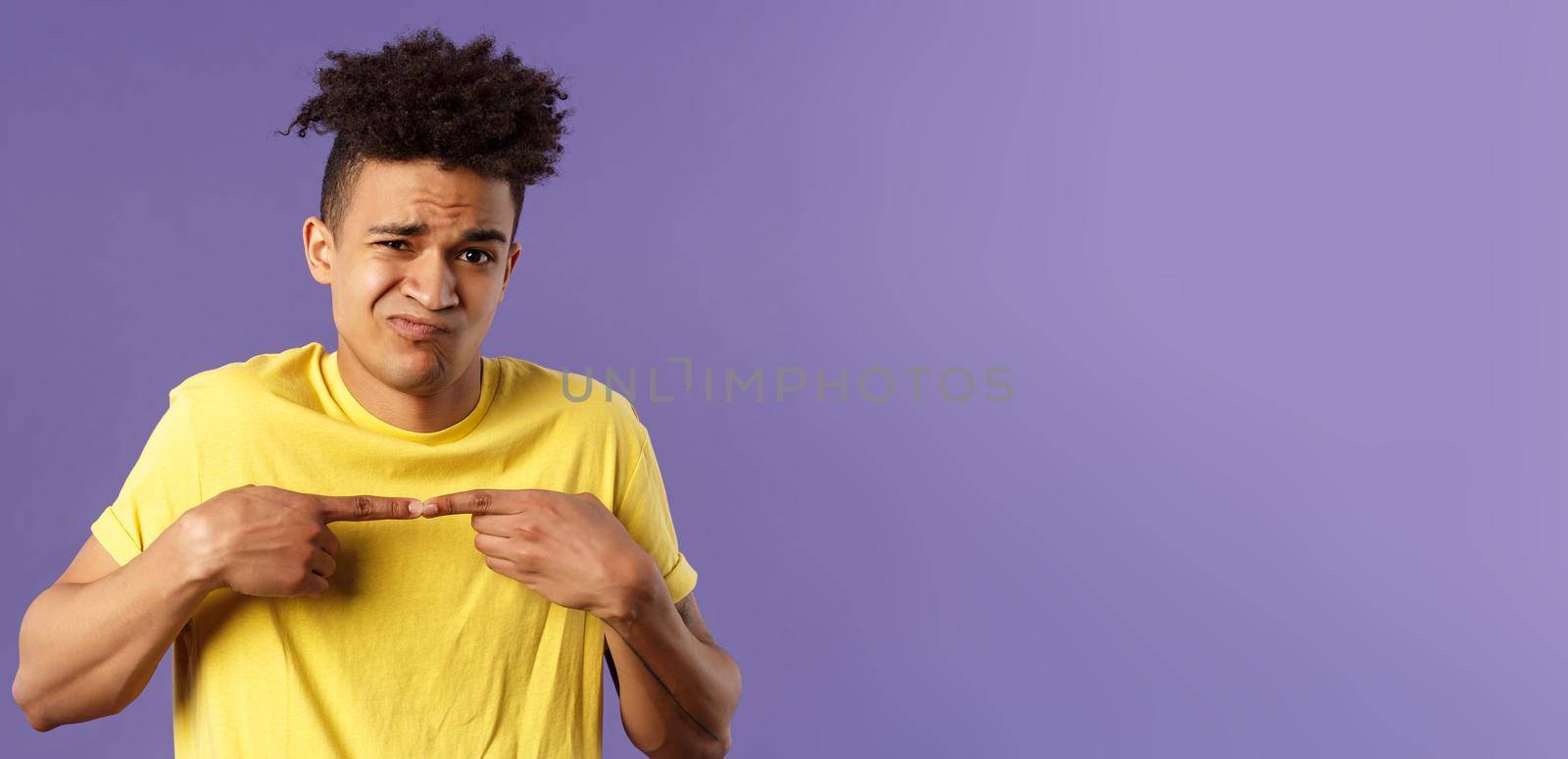 Close-up portrait of shy and modest young silly hispanic man trying say something but being too insecure, grimacing and frowning, look timid, two fingers touching pose, purple background by Benzoix