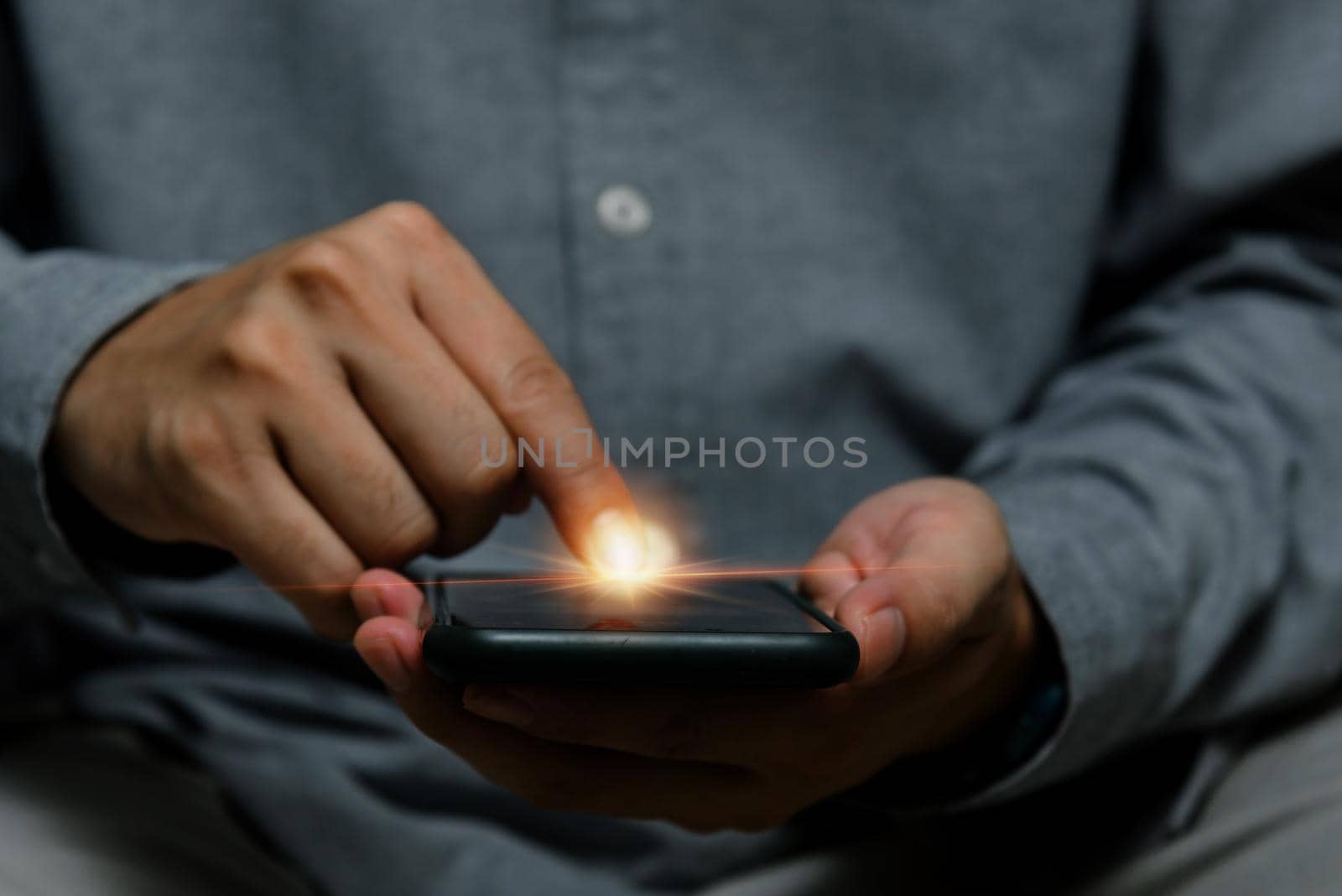 man using point finger on screen mobile smart phone.Business technology digital internet network concept. by aoo3771