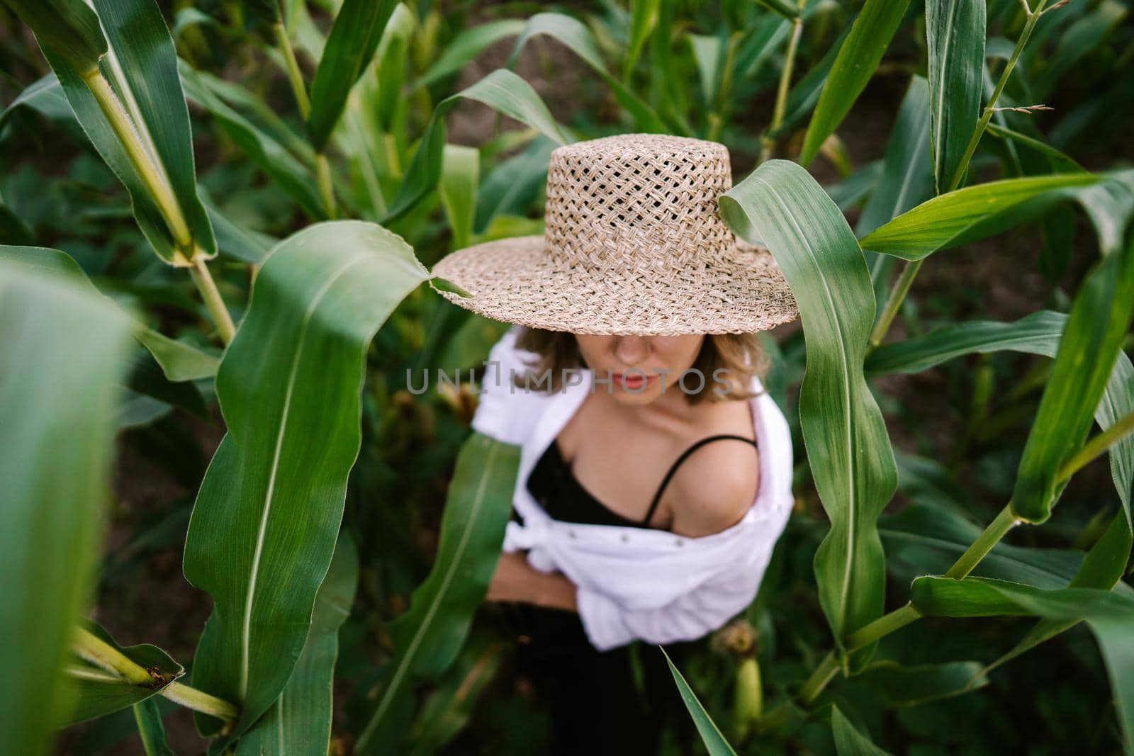Portrait of unrecognizable stylish woman in green jungle. Girl in straw hat, linen clothes. Lady stranger, top view. High quality photo
