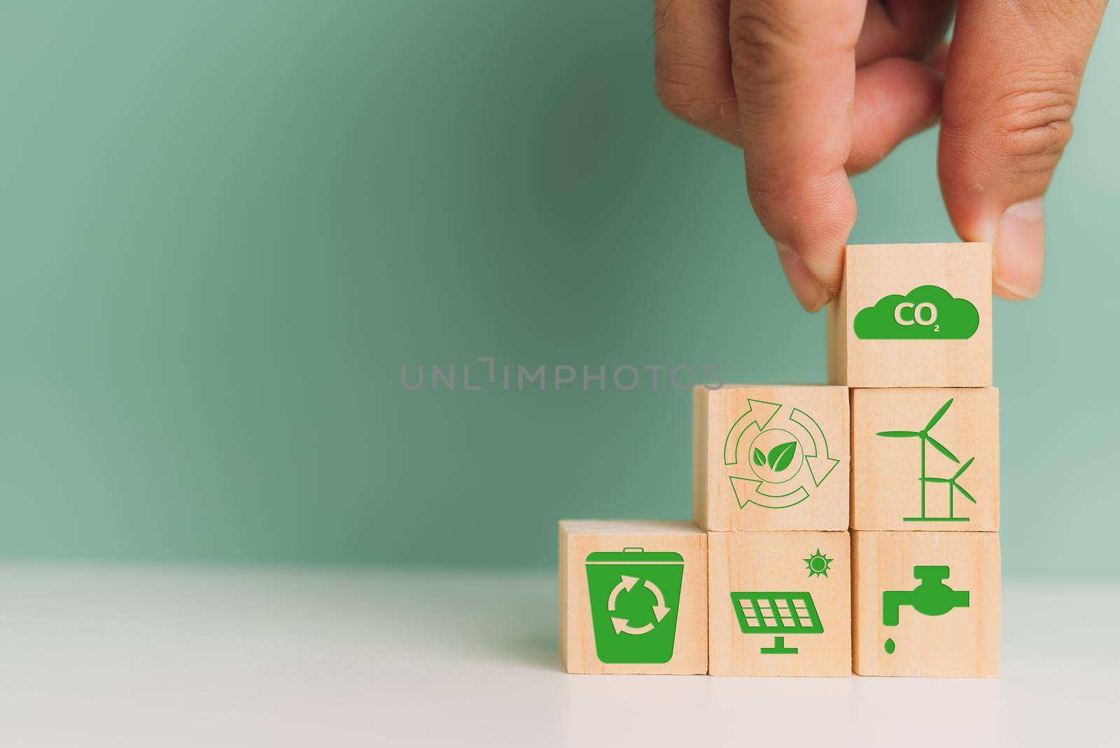 carbon credit net zero green technology eco industry strategy target business concept for environmental development. wood cube block icon on background. by aoo3771