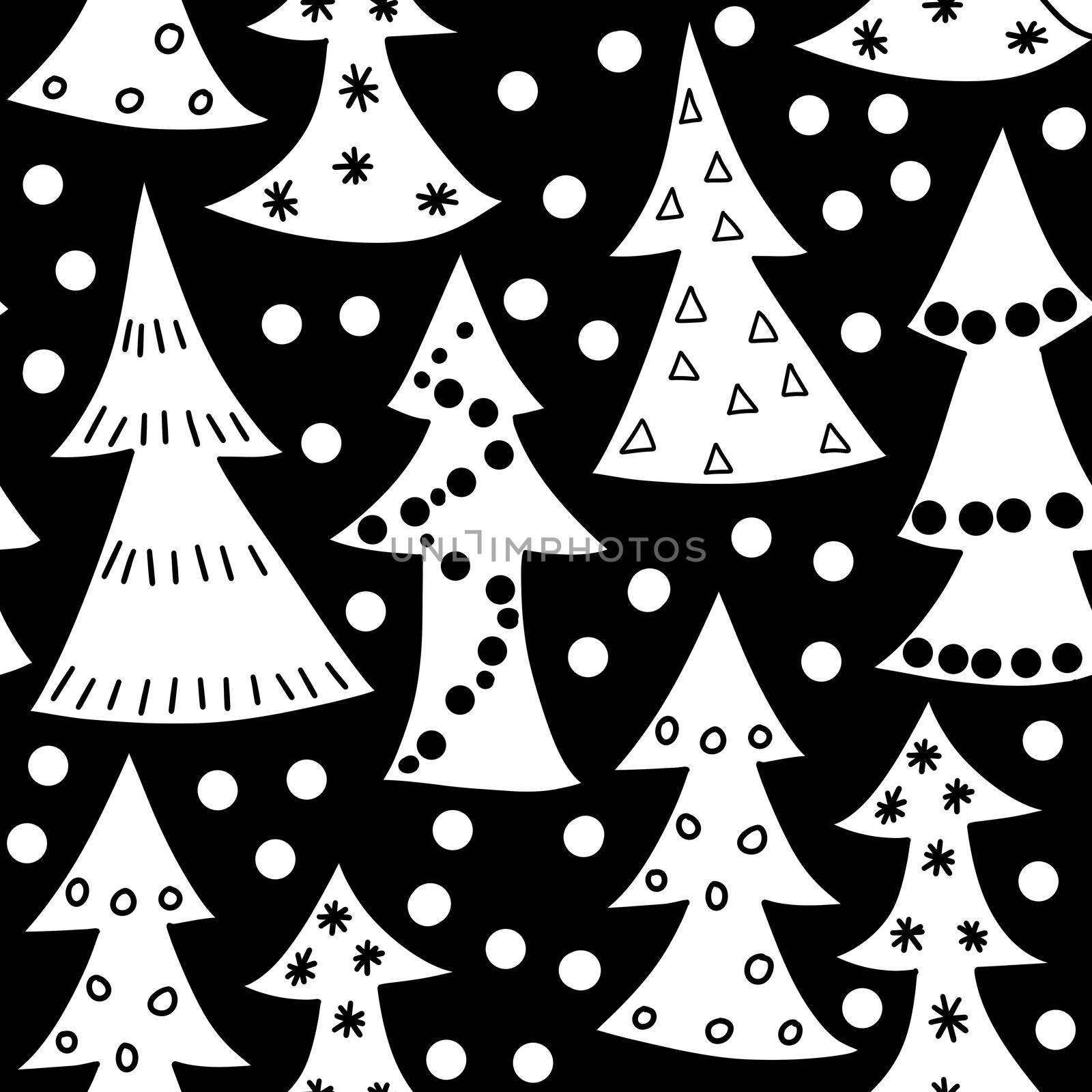 Hand drawn black and white seamless pattern with Christmas winter trees ornaments. Nordic Scandinavian new year december minimalist design, cute fabric print, cartoon doodle style