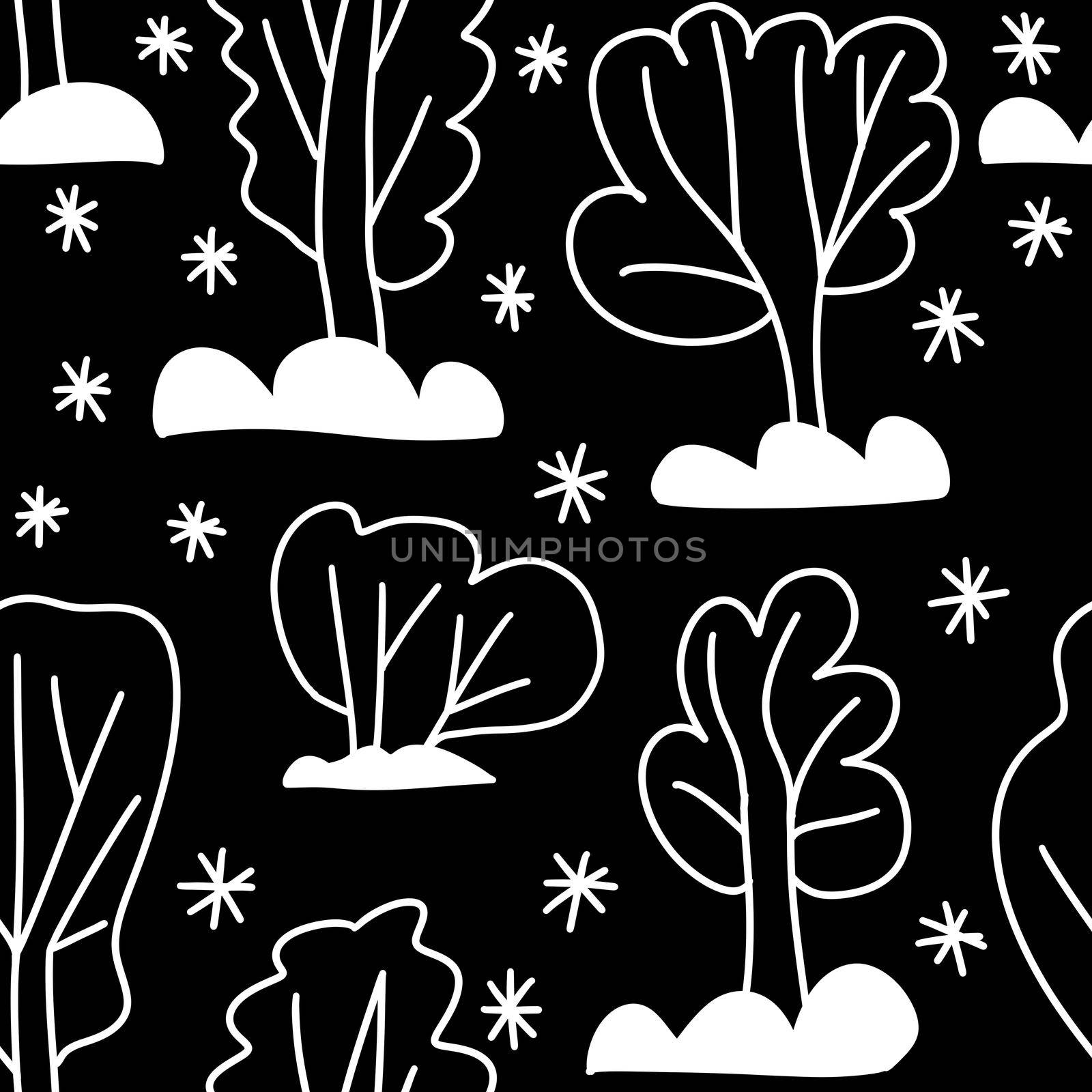 Hand drawn black and white seamless pattern with Christmas winter trees ornaments. Nordic Scandinavian new year december minimalist design, cute fabric print, cartoon doodle style. by Lagmar