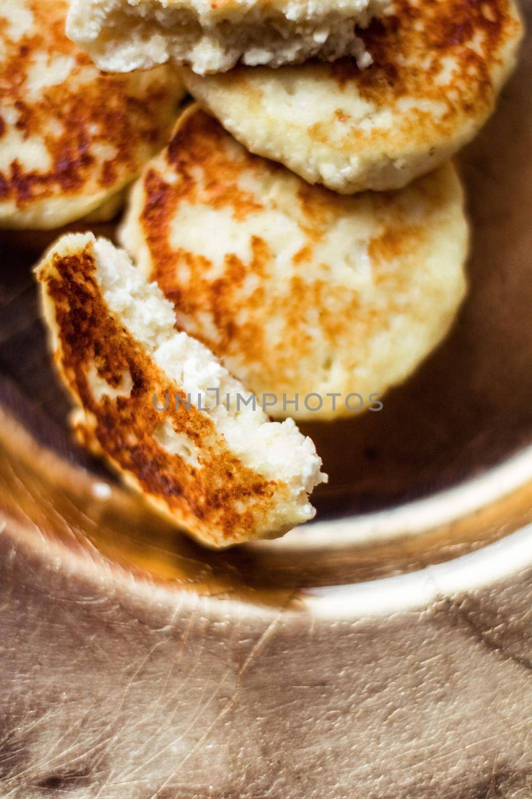 Lactose free, low carb cottage cheese pancakes, cookbook recipe - healthy nutrition, rustic and traditional food concept. Your favourite homemade breakfast is served