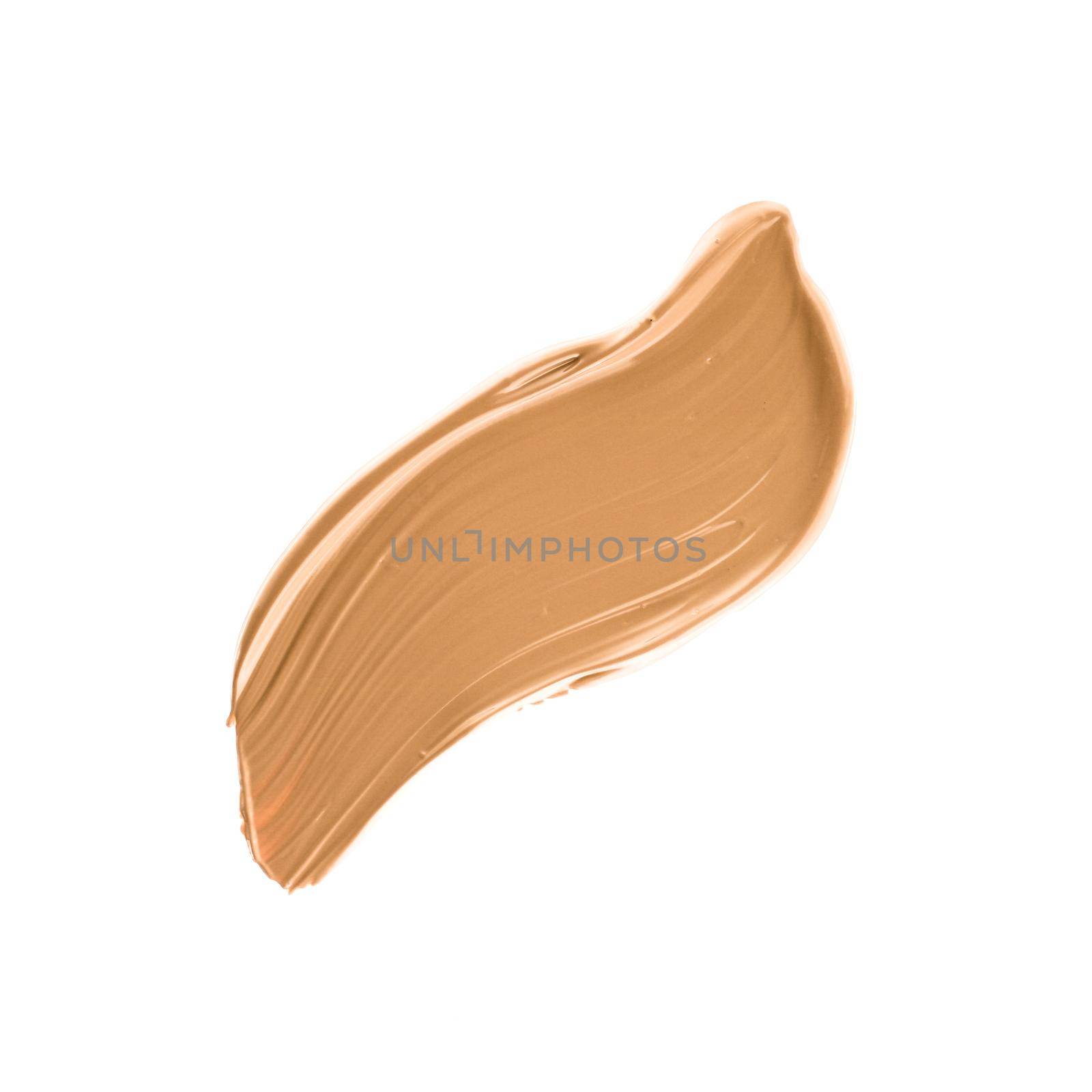 Make-up base foundation brush stroke isolated on white background, flatlay - cosmetic products, beauty texture background concept. Beige is always a good idea