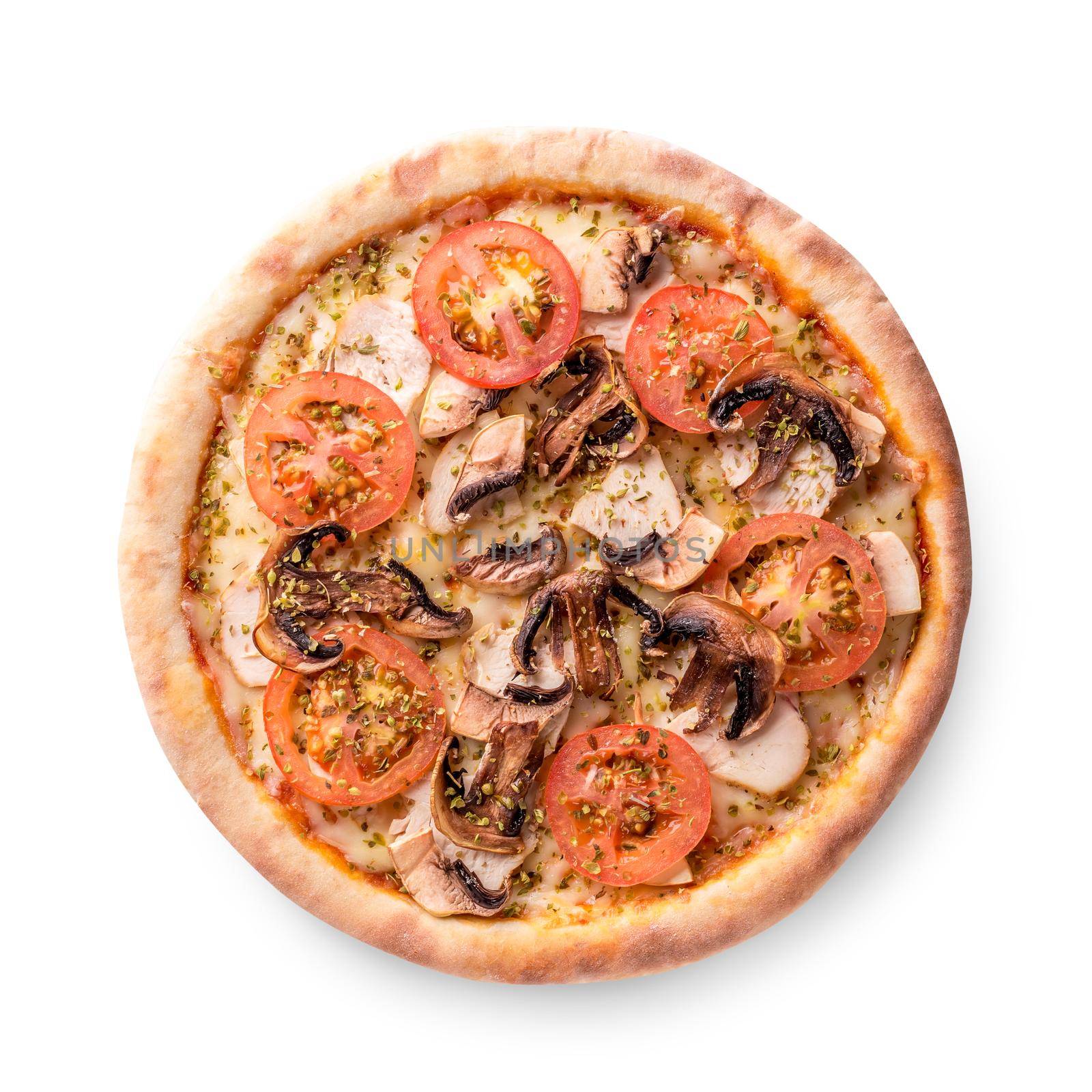 Meat chicken and mushrooms pizza isolated on white background. by nazarovsergey