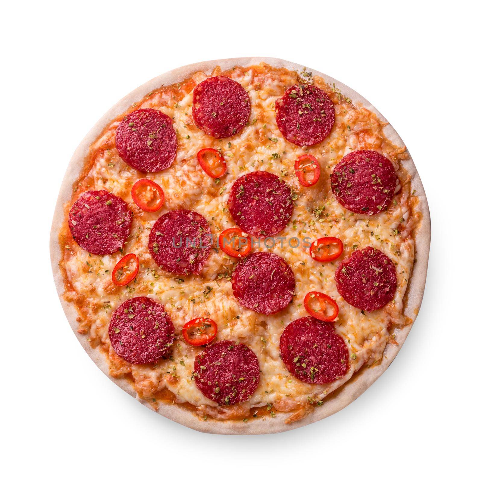 Thinly sliced pepperoni is a popular pizza topping in American-style pizzerias. Isolated on white background. Still life